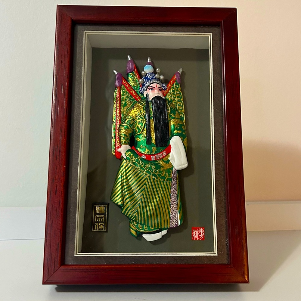 Vintage Chinese Mask Art In Wooden Frame 8.5”x5.5”